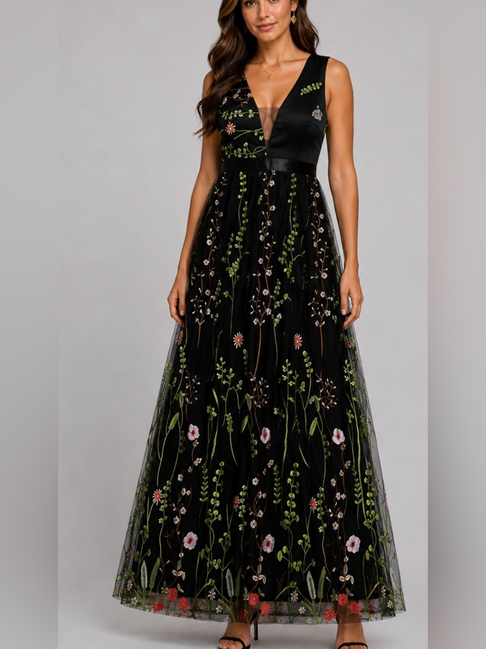 NWT DOSE sheer black/multiple colors embroidered sleeveless maxi dress